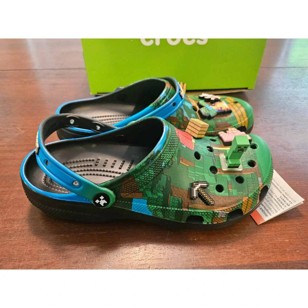 Crocs Minecraft Elevated Clog Mens Size 11 Green Light Up Jibbitz Charms New